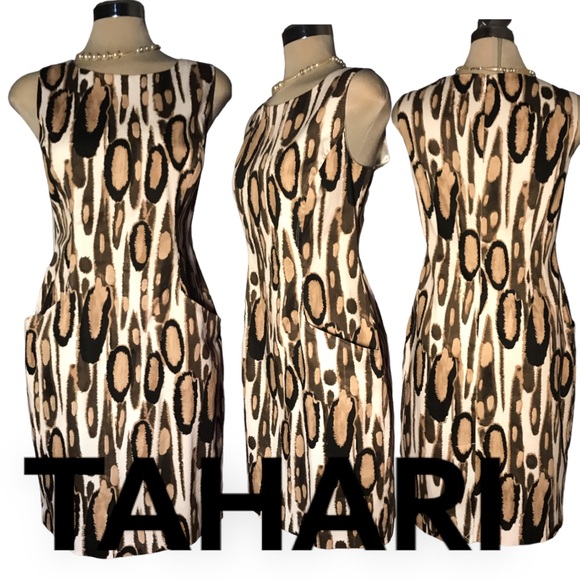 *New* TAHARI Leopard Black Beige and White Sleeveless Sheath Side Pockets Size 8 - Picture 6 of 16